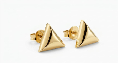 Cercei aur 14k surub - Cercei Triunghi 3D din Aur Galben 14K Geometrici cu Închidere cu Șurub
