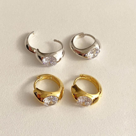 Cercei argint - Cercei Verigă Bombată din Argint 925 Placați cu Aur și Zirconiu Solitar – „Chunky Solitaire”