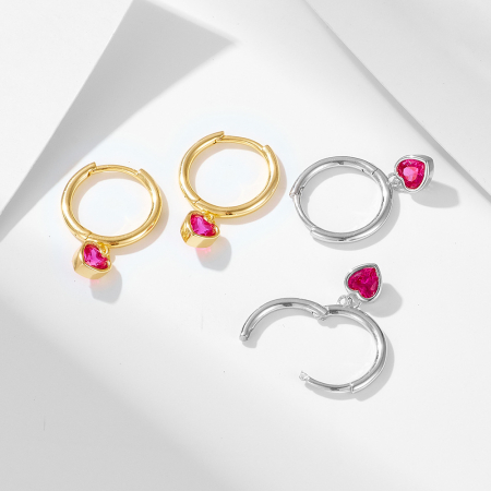 Cercei argint - Cercei Verigă din Argint 925 cu Inimioare Roz Fucsia Zirconiu – „Fuchsia Heart Huggies”