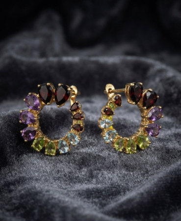 Cercei argint - Cercei Verigă din Aur / Argint Placat cu Aur de 14K cu Pietre Semiprețioase Multicolore