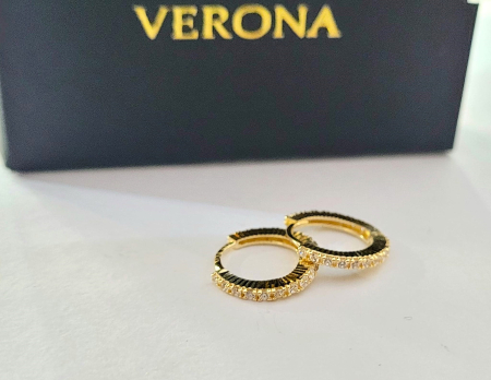 Cercei aur 14k copii - Cercei Verigă din Aur Galben 14K cu Cristale Albe și Email Negru – Contrast Luxos și Design Bicolor