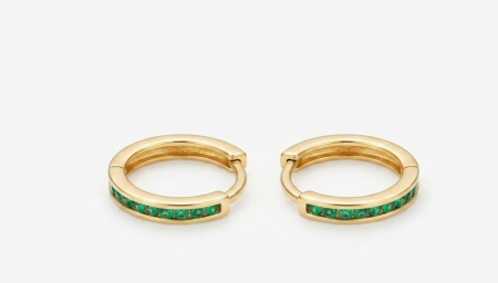 Cercei aur 14k copii - Cercei Verigă din Aur Galben 14K cu Cristale Zirconia Verde Smarald, 12 mm, 2.00 g