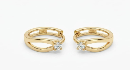 Cercei aur 14k copii - Cercei Verigă din Aur Galben 14K cu Piatră Centrală Zirconia, 15 mm, 2.43 g