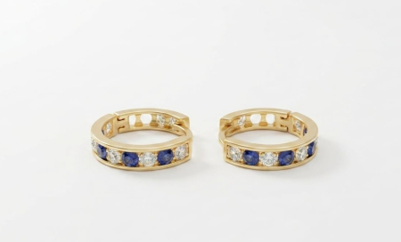 Cercei aur 14k copii - Cercei Verigă din Aur Galben 14K cu Zirconia Albastru și Alb, 18 mm, 1.52 g