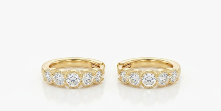 Cercei aur 14k copii - Cercei Verigă Huggie din Aur Galben 14K cu 5 Cristale Zirconia în Ramă Milgrain, 12 mm, 2.07 g