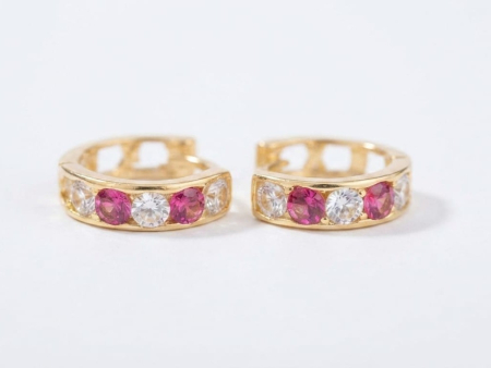 Cercei aur 14k copii - Cercei Verigă Huggie Mini din Aur Galben 14K cu Zirconia Roz și Alb, 8 mm, 0.84 g