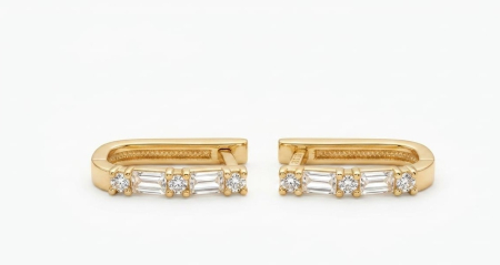 Cercei aur 14k - Cercei Verigă Huggie Rectangulari din Aur Galben 14K cu Cristale Baghetă și Rotunde, 16 mm, 2.22 g