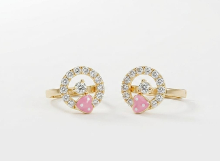 Cercei aur 14k copii - Cercei Verigă pentru Copii din Aur Galben 14K cu Ciupercuțe Roz și Halou Zirconia, 10 mm, 1.18 g