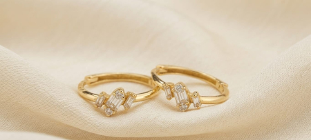 bijuterii diamant - Cercei Verigi din Aur Galben 14K cu 0.12 ct Diamante Mixte Baguette și Briliant E-F/SI