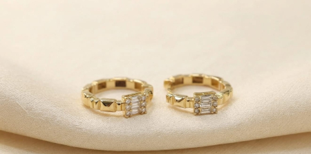 CERCEI AUR 14K CU DIAMANT NATURAL - Cercei Verigi din Aur Galben 14K cu 0.28 ct Diamante Mixte Baguette și Briliant E-F/SI
