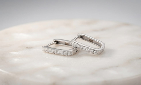 CERCEI AUR 14K CU DIAMANT NATURAL - Cercei Verigi Dreptunghiulare din Aur Alb 14K cu 0.10 ct Diamante Naturale