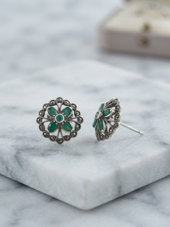 OUTLET - Cercei Vintage din Argint 925 – Model Floral cu Agat Verde și Marcasite, Închizătoare cu Șurub, 2 cm