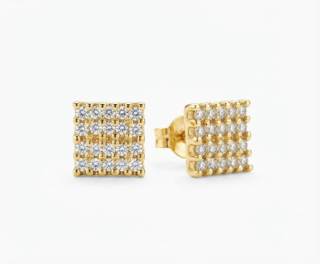 bijuterii aur - Cerceii pătrați din aur galben de 14K (585) cu cristale cubic zirconia