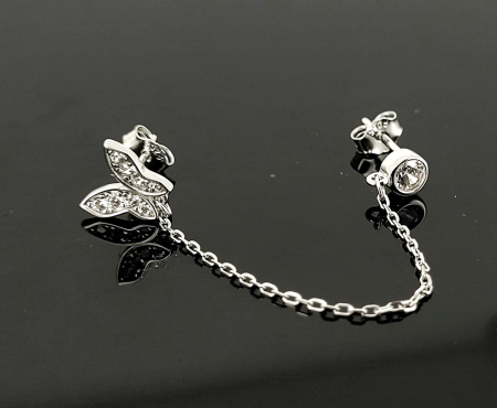 Bijuterii argint 925 - Cercel Single Double Piercing din Argint 925 cu Lanț, Fluture și Zirconiu 6.5mm