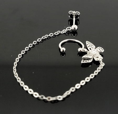 Cercei argint - Cercel Single Ear Cuff din Argint 925 cu Lanț și Fluture cu Zirconiu