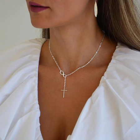 Lant argint 925 dama - Colier Argint 925 tip Lariat – Simbol Infinit și Cruce (Silver)