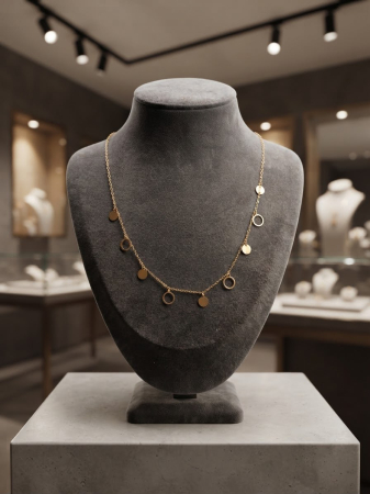 Bijuterii argint 925 - Colier Choker din Argint 925 Placat cu Aur „Geometric Coins” – Lanț cu Medalioane Pline și Cercuri Mobile, 37+3 cm, 2,46g