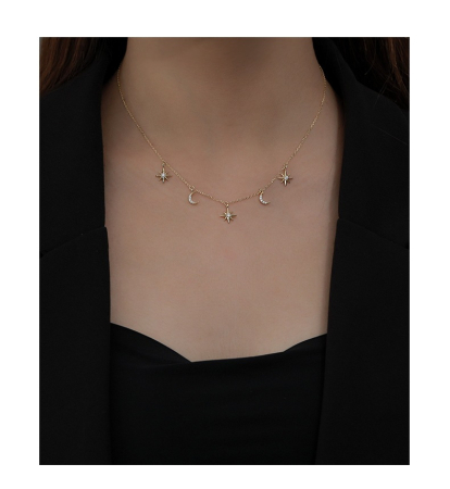 Lant argint 925 dama - Colier Choker din Argint 925 Placat cu Aur – Model Celestial cu Pandantive Semilună și Stele încrustate cu Zirconiu