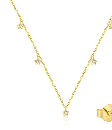 Lant argint 925 dama - Colier Choker din Argint 925 Placat cu Aur – Model Celestial Multi-Star cu Pandantive Steluțe Decupate și Zirconiu