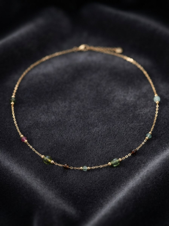 Lant argint 925 dama - Colier Choker din Argint 925 Placat cu Aur și Turmalină Multicoloră – Eleganță Naturală și Boemă