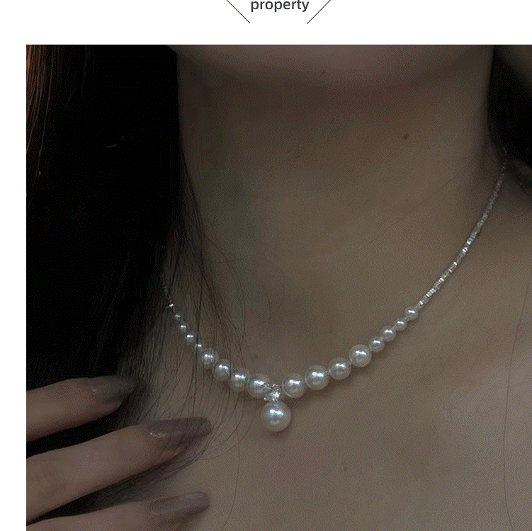Lant argint 925 dama - Colier Choker din Argint 925 Rodiat cu Perle Albe Gradate și Pandantiv Zirconiu