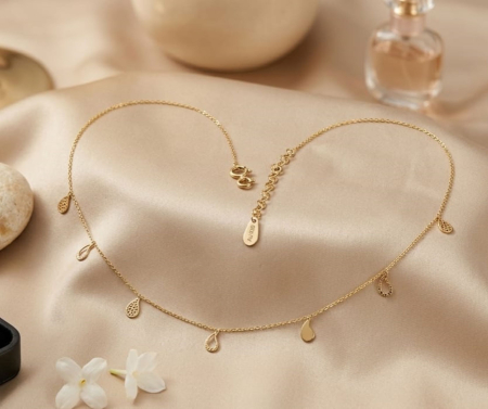 Lant aur 14k - Colier Choker din Aur Galben 14K cu Pandantive Multiple Tip Picătură (Texturate și Lucioase)