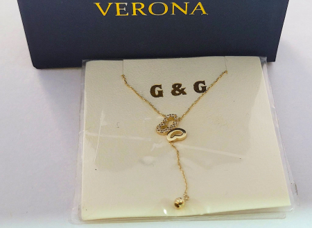 Lant aur 14k - Colier Cravată din Aur Galben 14K cu Inimi Întrepătrunse și Cristale Pave
