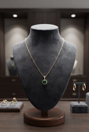 Lant argint 925 dama - Colier din Argint 925 Aurit Emerald Round Halo Pendant – Rafinament și Eleganță Nobiliară