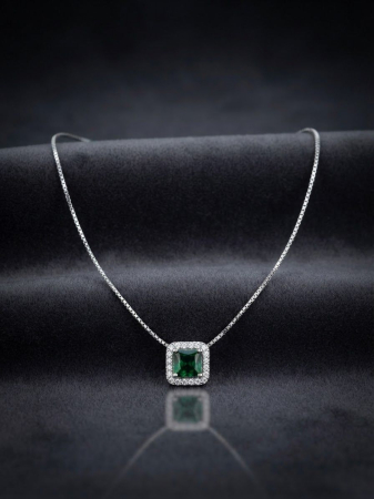Lant argint 925 dama - Colier din Argint 925 cu Pandantiv Pătrat Zirconiu Verde Smarald și Halo – Eleganță Regală