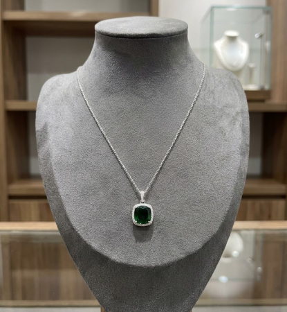 Lant argint 925 dama - Colier din Argint 925 cu Pandantiv Verde Smarald Cushion și Halou (2.80g, 40+5cm)
