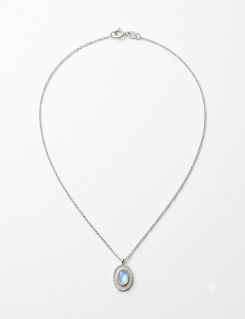 Bijuterii argint 925 - Colier din Argint 925 cu Piatră de Lună (Moonstone) – Medalion Oval cu Bordură Texturată, 42+3 cm, 1,3gr