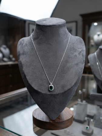 Lant argint 925 dama - Colier din Argint 925 Emerald Halo cu Zirconiu Verde Smarald și Cristale Albe