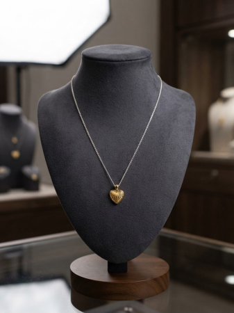 Lant argint 925 dama - Colier din Argint 925 Golden Radiance Heart – Pandantiv Inimă cu Striuri Tridimensionale