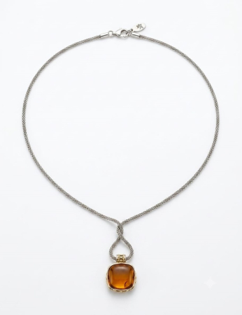 Lant argint 925 dama - Colier din Argint 925 Mesh cu Pandantiv Chihlimbar Cognac și Accente de Aur