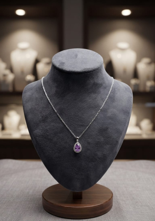 Lant argint 925 dama - Colier din Argint 925 Pear-Shaped Amethyst Halo Pendant – Eleganță și Rafinament Boem