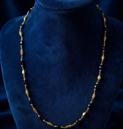 Lant argint 925 dama - Colier din Argint 925 Placat cu Aur „Black Onyx Code” - Lanț cu Mărgele Negre Fațetate și Cilindri Geometrici