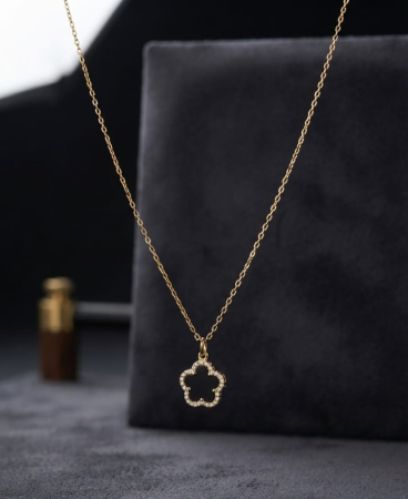 Lant argint 925 dama - Colier din Argint 925 Placat cu Aur cu Pandantiv Floare Decupată și Zirconiu, 42+3 cm, 2g
