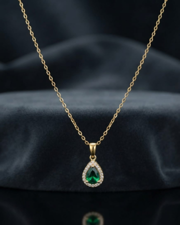 Lant argint 925 dama - Colier din Argint 925 Placat cu Aur cu Pandantiv Lacrimă Verde Smarald și Zirconiu, 42+3 cm, 2.2g