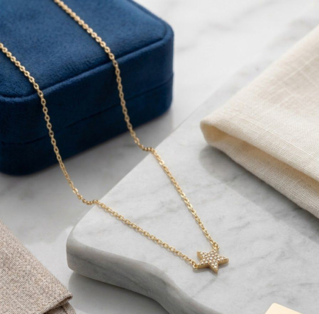 Lant argint 925 dama - Colier din Argint 925 Placat cu Aur cu Pandantiv Stea Pave – Strălucire Celestă și Minimalism
