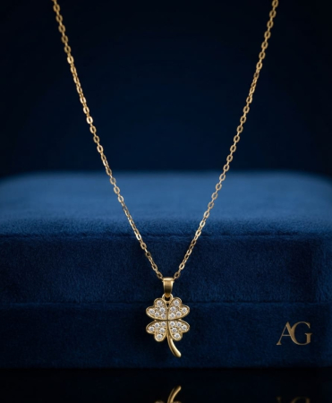 Lant argint 925 dama - Colier din Argint 925 Placat cu Aur cu Pandantiv Trifoi cu Patru Foi și Zirconiu, 40+4 cm, 1.97g
