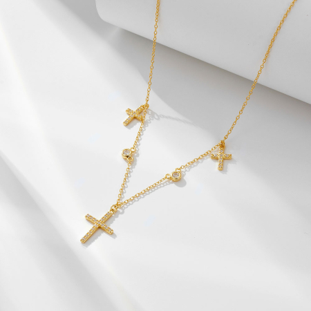 Lant argint 925 dama - Colier din Argint 925 Placat cu Aur cu Trei Cruciulițe și Zirconiu – „Graceful Faith”