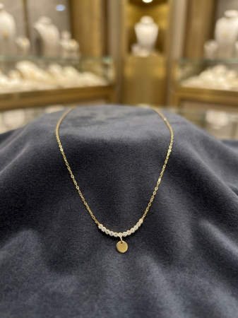 Lant argint 925 dama - Colier din Argint 925 Placat cu Aur – Curbă cu Cristale Zirconia și Bănuț Central (40+5 cm, 2.65g)