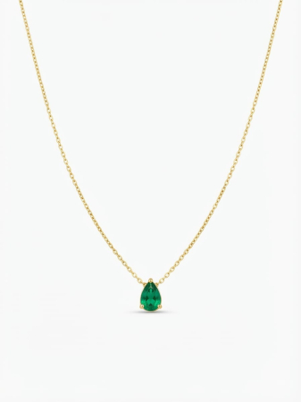 Lant argint 925 dama - Colier din Argint 925 Placat cu Aur „Emerald Teardrop Solitaire” - Lanț cu Pandantiv Lacrimă Verde Smarald