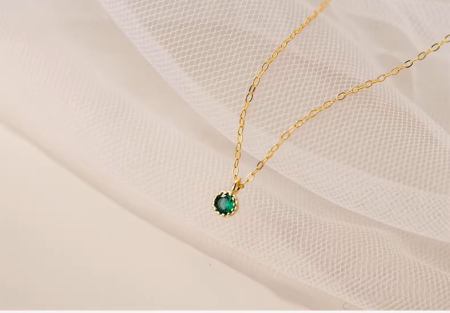 Lant argint 925 dama - Colier din Argint 925 Placat cu Aur Galben, Lănțișor Fin cu Pandantiv Solitar Zirconia Verde Smarald