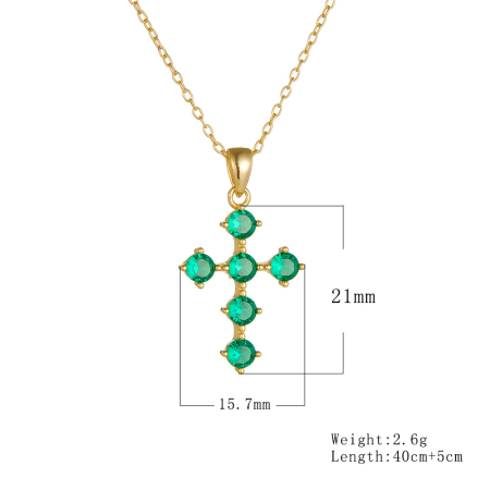 Lant argint 925 dama - Colier din Argint 925 Placat cu Aur Galben – Pandantiv Cruce cu Zirconiu Verde Smarald