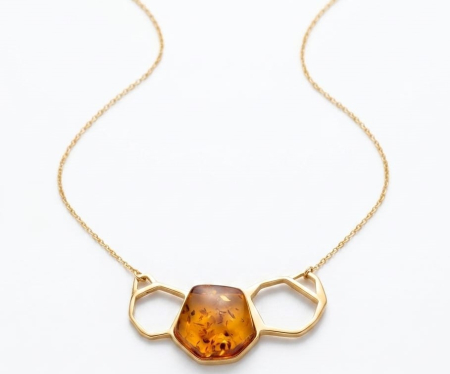 Lant argint 925 dama - Colier din Argint 925 Placat cu Aur „Golden Honeycomb” cu Chihlimbar Natural Cognac, 40+5 cm, 5.42g
