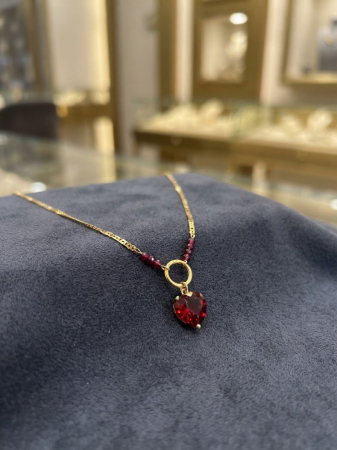 Lant argint 925 dama - Colier din Argint 925 Placat cu Aur – Inimă din Cristal Roșu și Detalii Rubinii (38+3 cm, 3.10g)