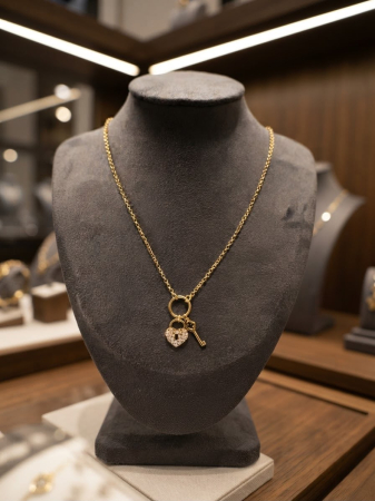 Bijuterii argint 925 - Colier din Argint 925 Placat cu Aur „Key to My Heart” – Lanț cu Închizătoare Sailor, Lăcat Inimă Pavé și Cheiță, 40+5 cm, 5,36g