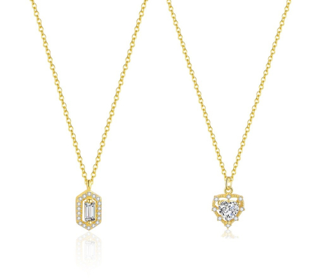 Lant argint 925 dama - Colier din Argint 925 Placat cu Aur – Model Halo Geometric cu Zirconiu (Variante: Altic Hexagon Baguette / Inimă Vintage)