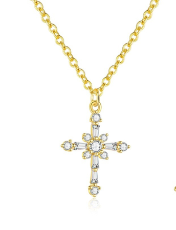 Lant argint 925 dama - Colier din Argint 925 Placat cu Aur – Pandantiv Cruce Regală cu Cristale Zirconiu Mix-Tăietură